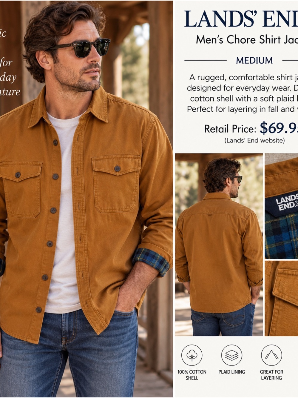 Lands' End Men's Shirt Jacket in Rich Tan